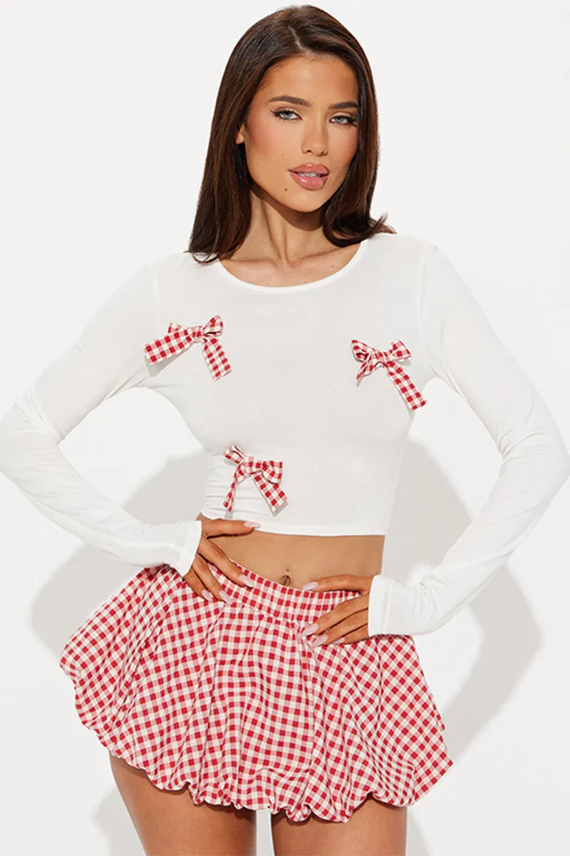 Bow Embellished Plaid Bubble Mini Skirt Set