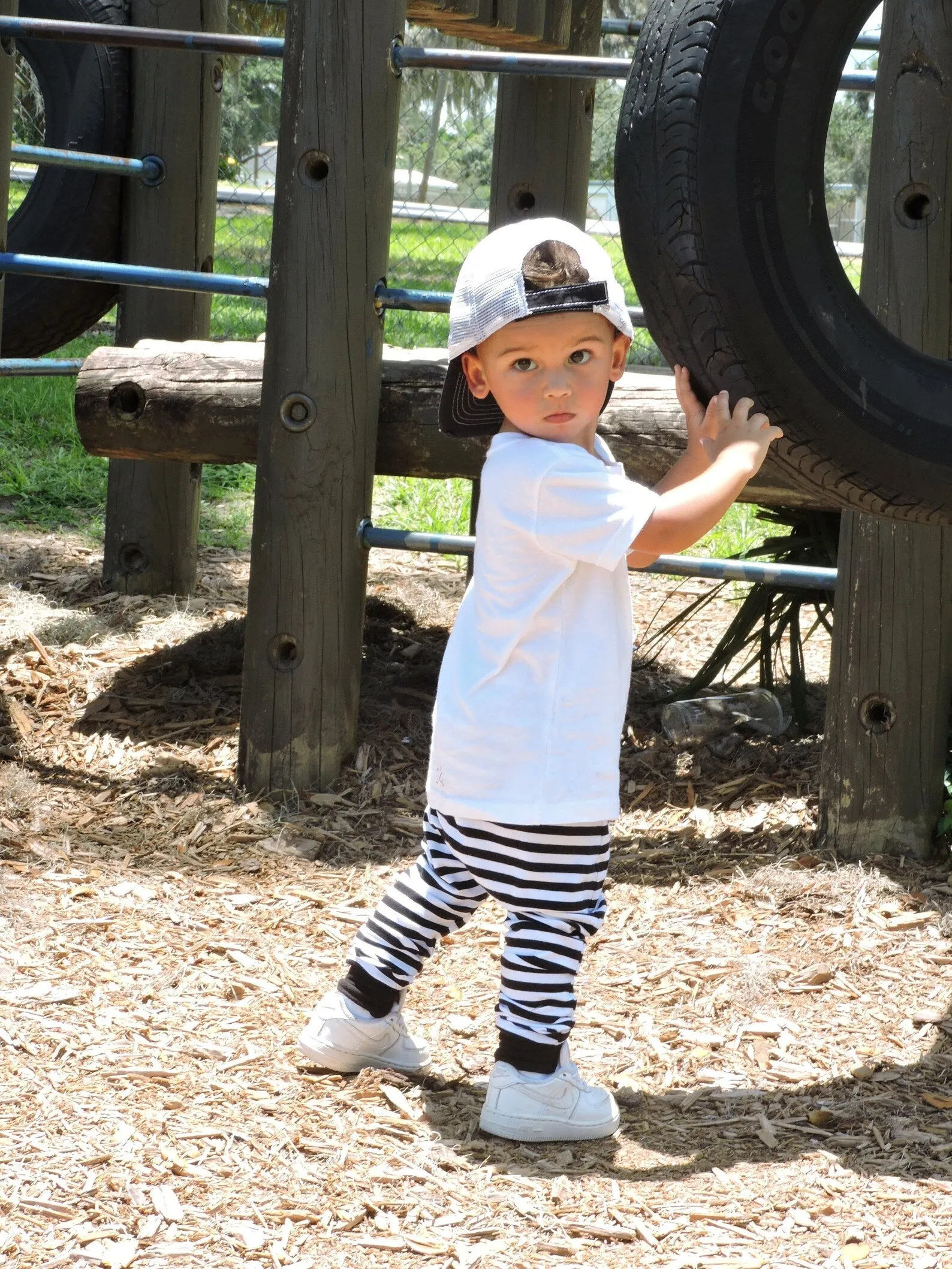 Boys Black and White Striped Leggings