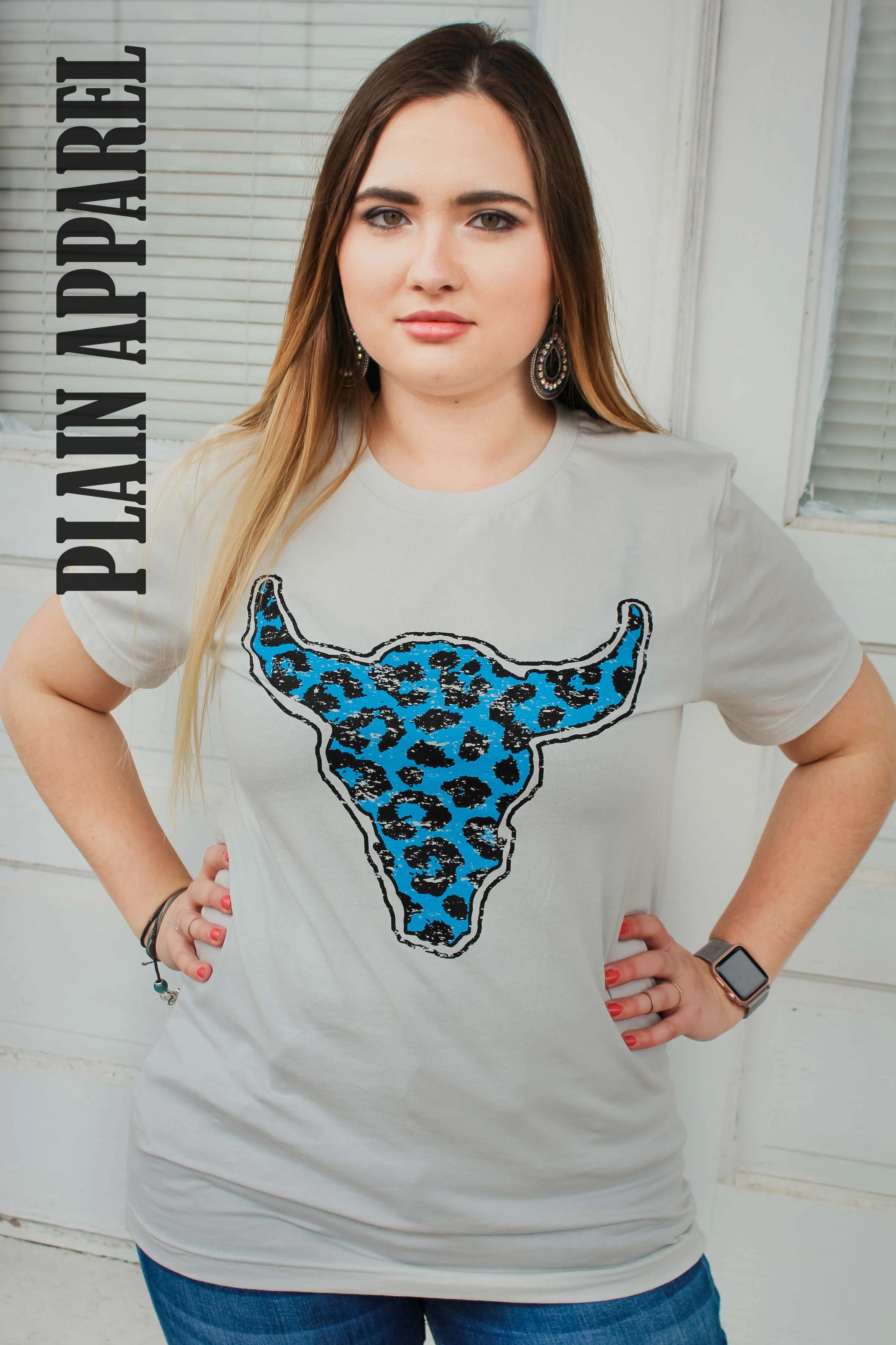 Bright Blue Bull Skull Silver Crew Tee