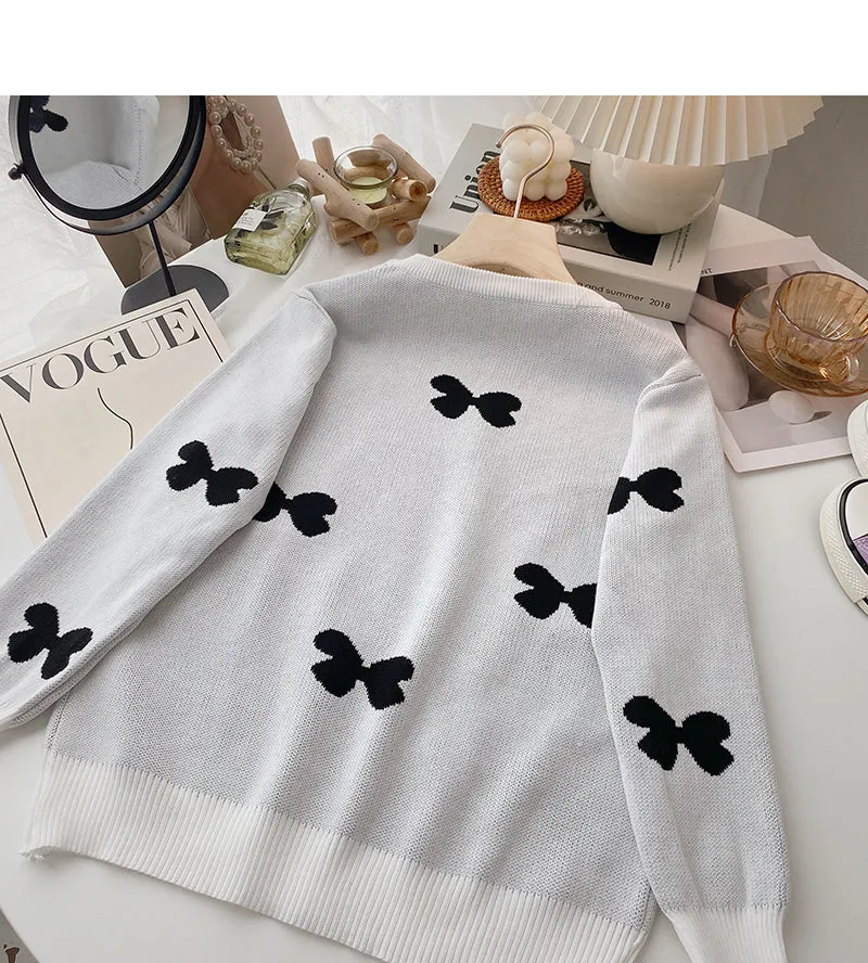 Butterfly jacquard long sleeve sweater round neck Pullover Top  6686