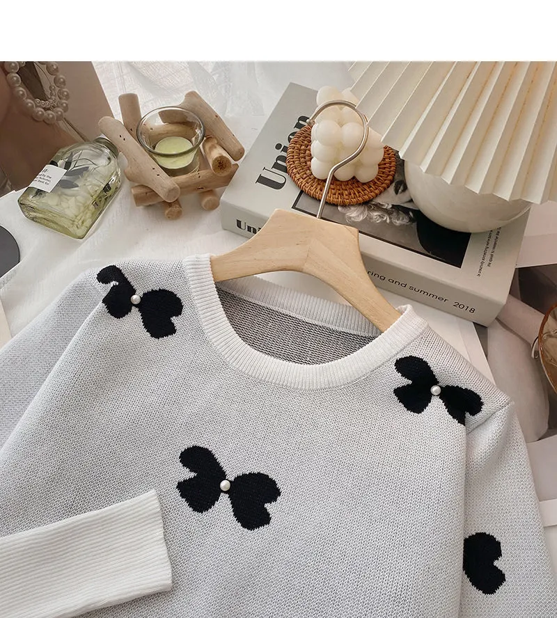 Butterfly jacquard long sleeve sweater round neck Pullover Top  6686