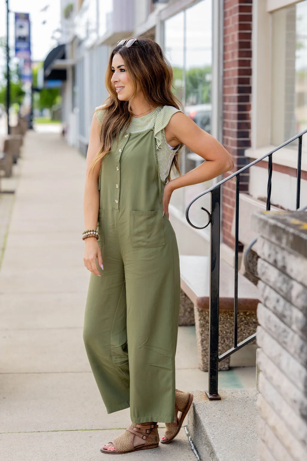 Button Front Tie Strap Jumpsuit