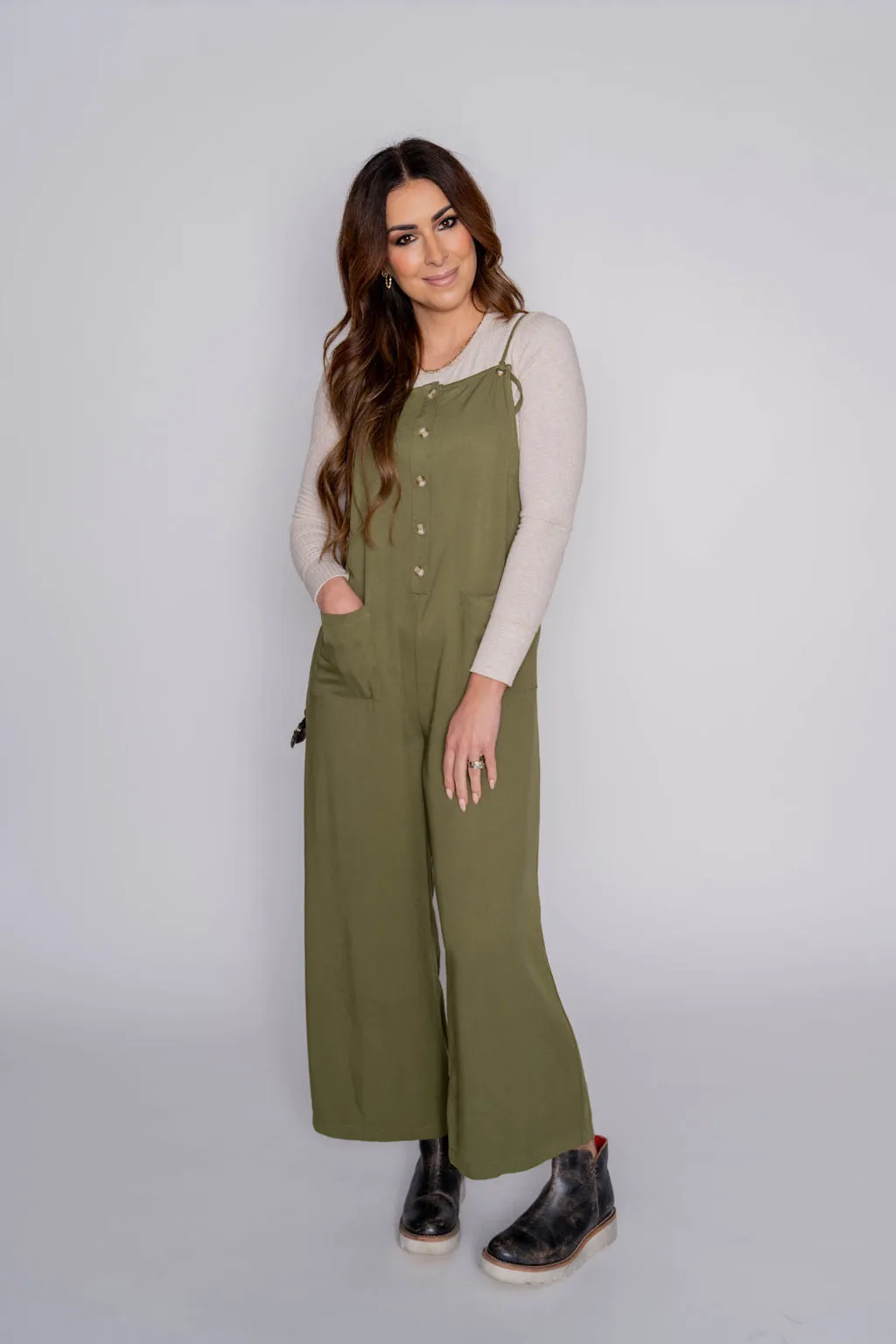 Button Front Tie Strap Jumpsuit