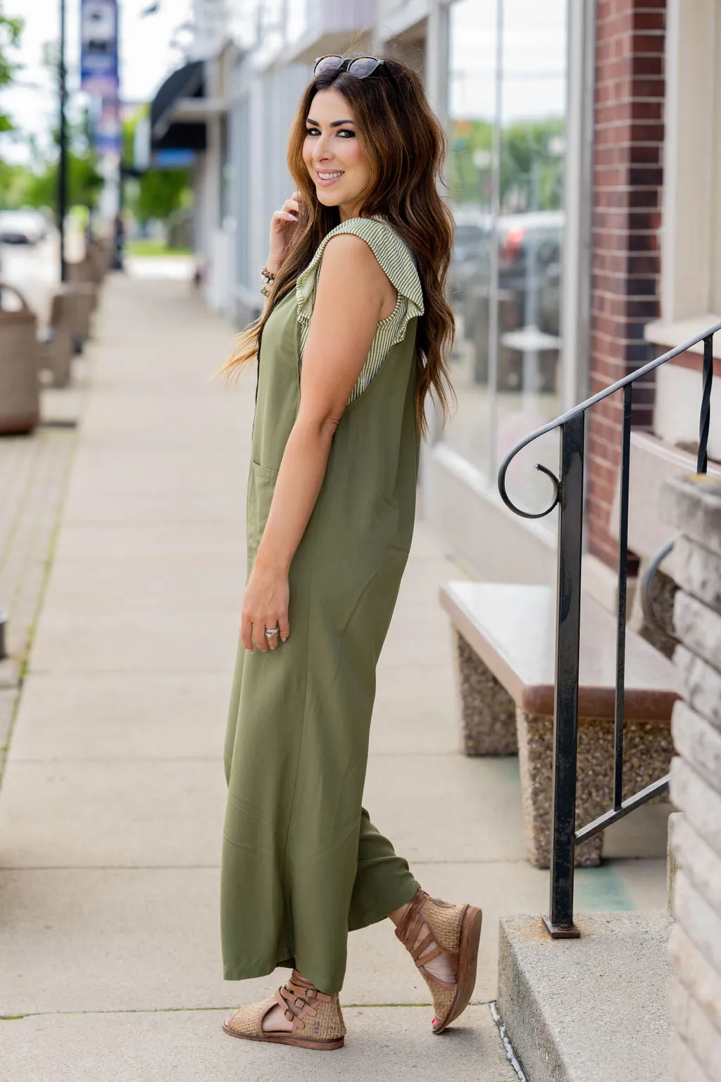 Button Front Tie Strap Jumpsuit