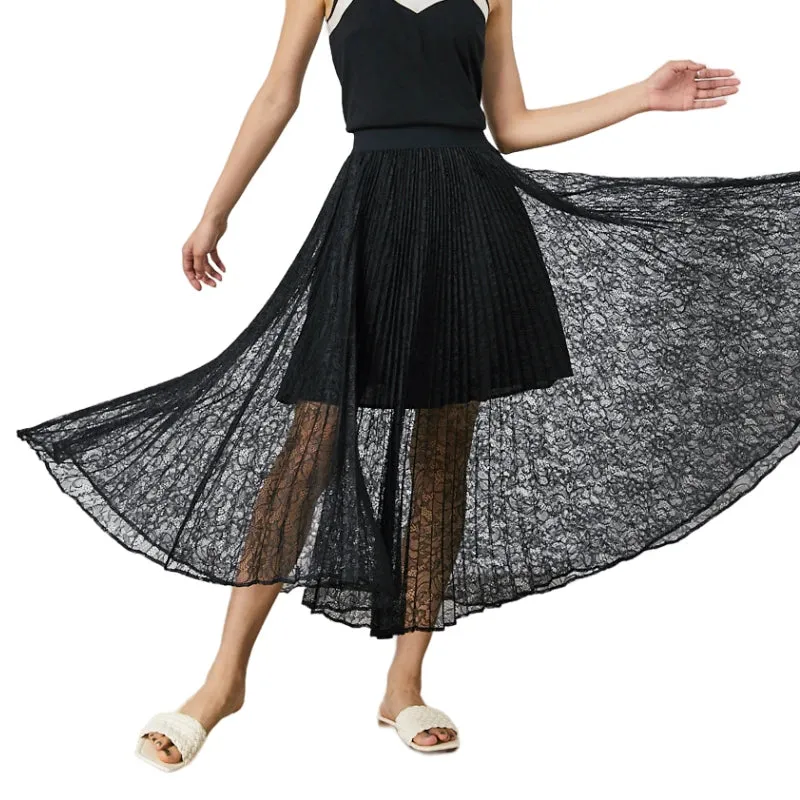 C163 Women floral lace elasticated waist full circle sunburst pleated midi skirt