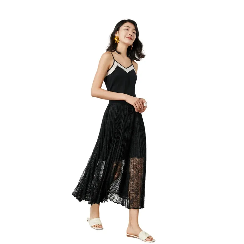 C163 Women floral lace elasticated waist full circle sunburst pleated midi skirt