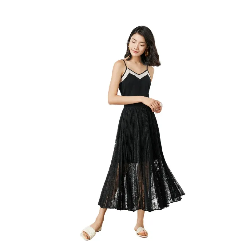 C163 Women floral lace elasticated waist full circle sunburst pleated midi skirt