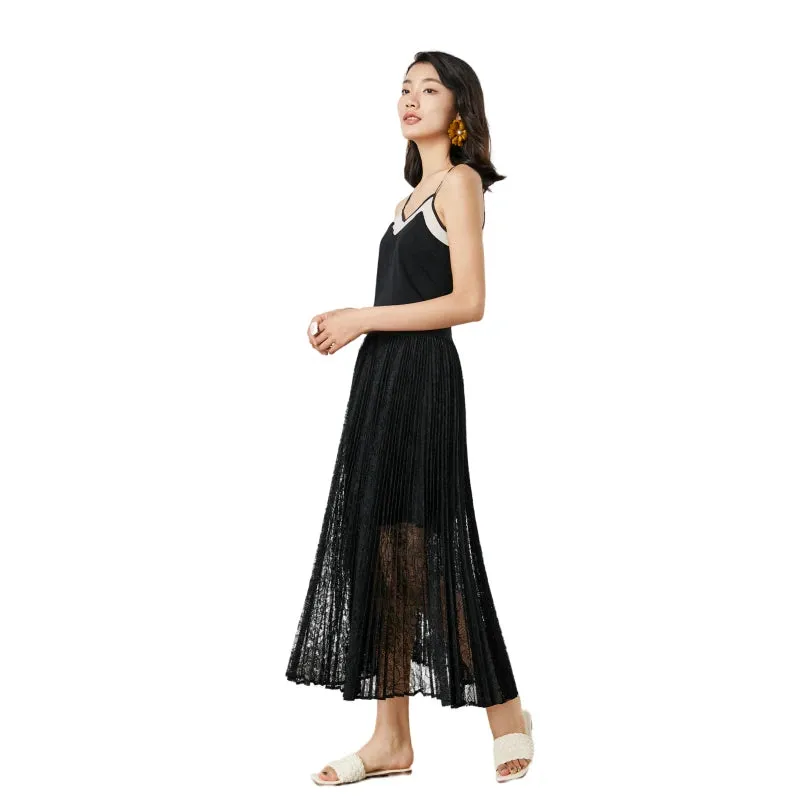 C163 Women floral lace elasticated waist full circle sunburst pleated midi skirt