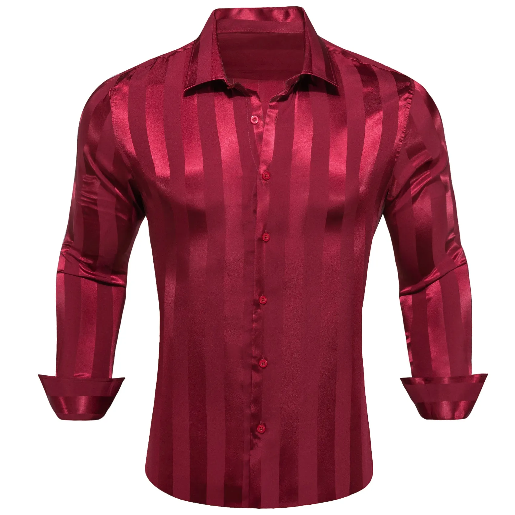 Casual Deep Red Striped Shiny Satin Men's Long Sleeve Shirt