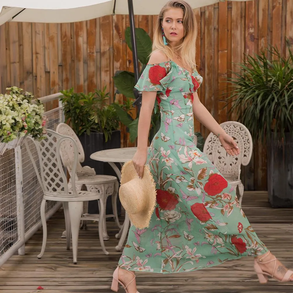 Casual Floral Chiffon Short Sleeve Slip Maxi Dress