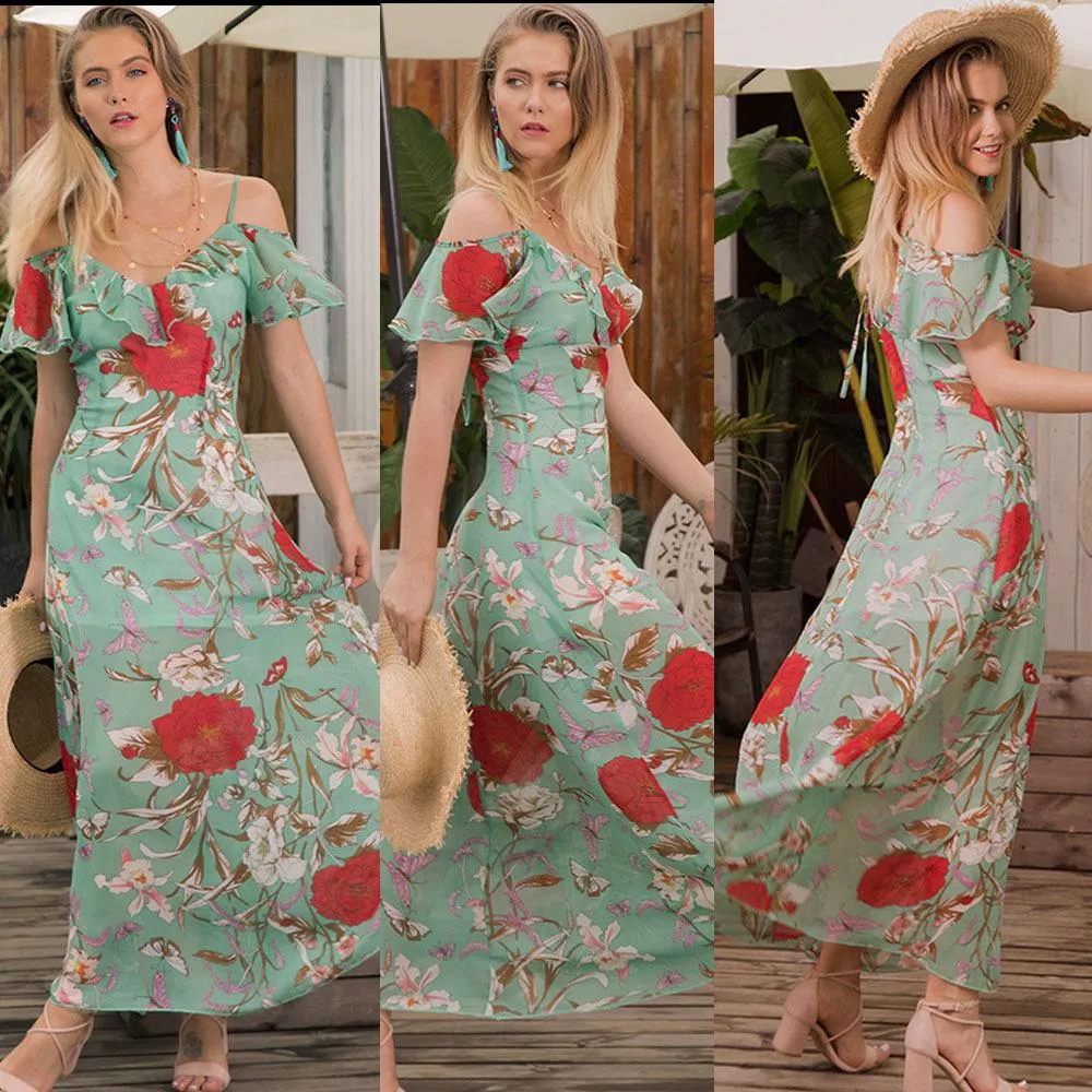 Casual Floral Chiffon Short Sleeve Slip Maxi Dress