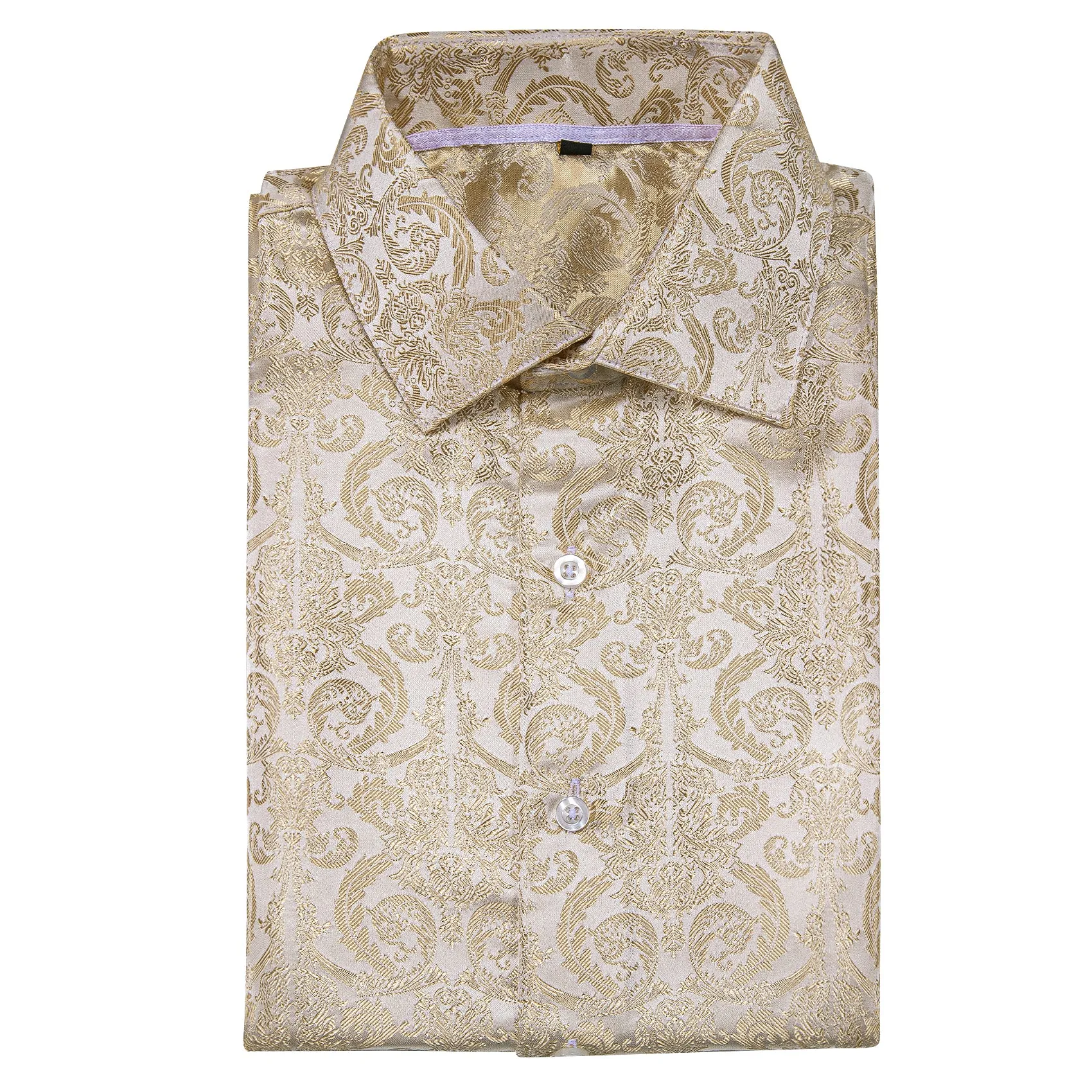 Champagne Floral Pattern Silk Men's Long Sleeve Shirt