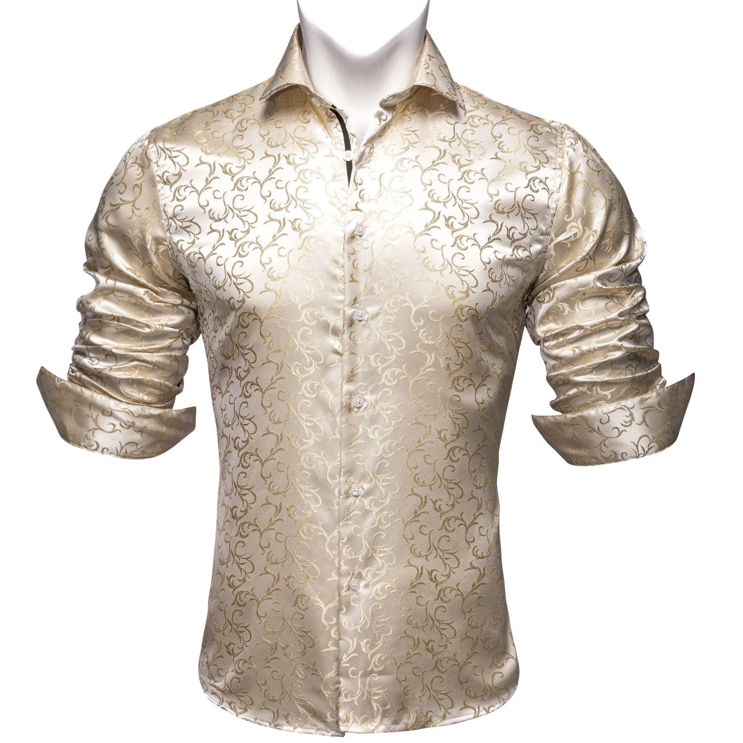 Champagne Floral Style Silk Men's Long Sleeve Shirt