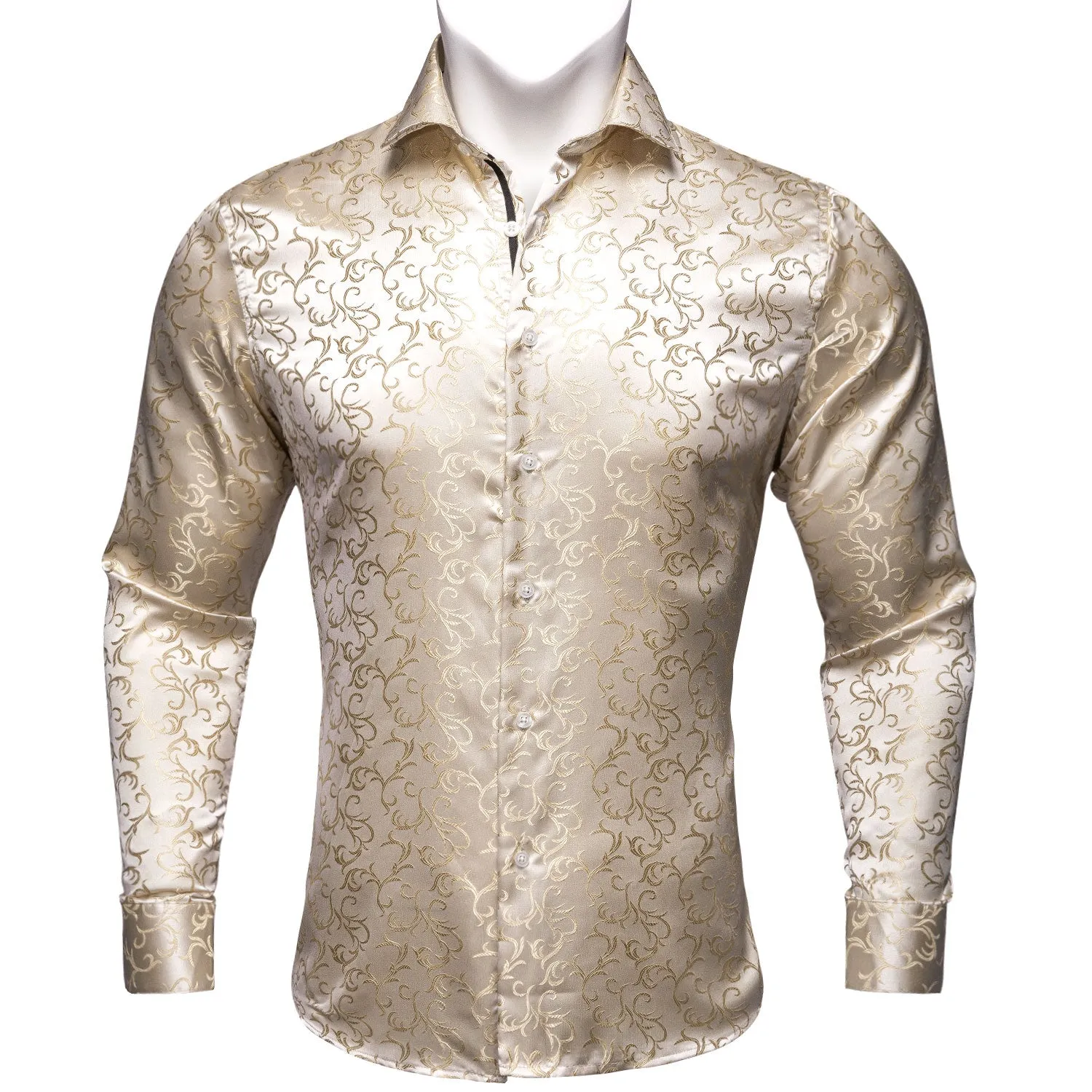 Champagne Floral Style Silk Men's Long Sleeve Shirt