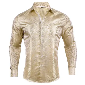 Champagne Paisley Pattern Silk Men's Long Sleeve Shirt