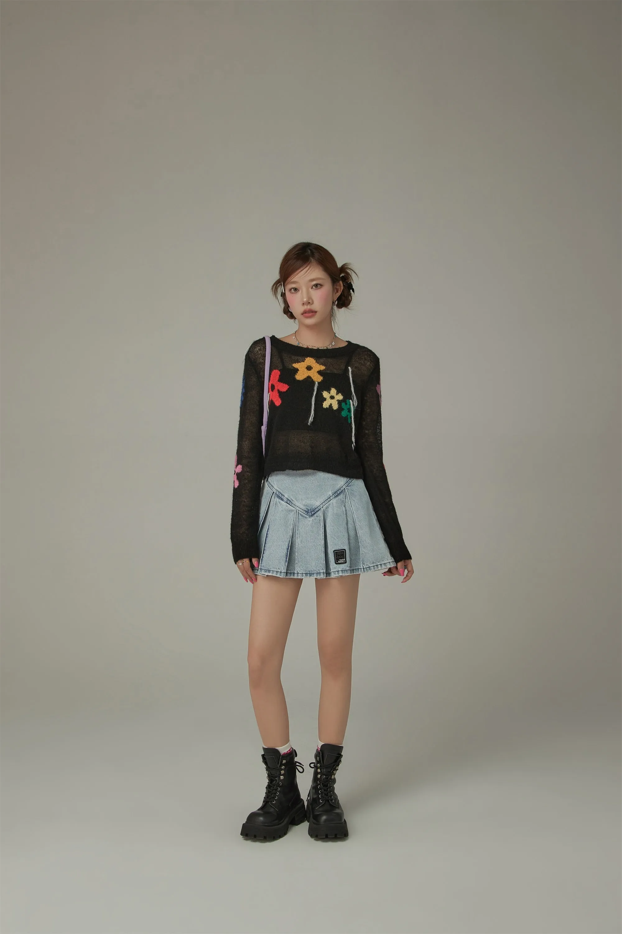 Colorful Flowers Crop Knit Sweater