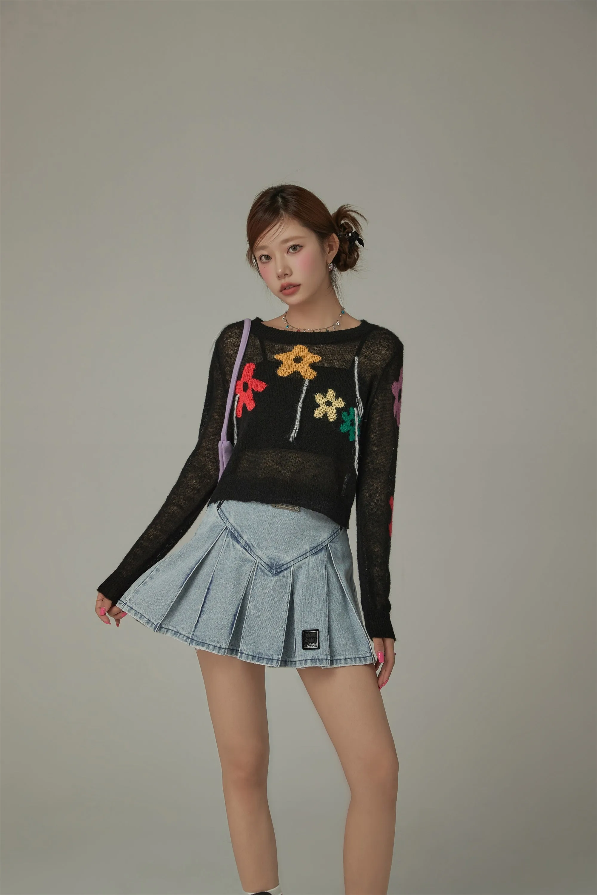 Colorful Flowers Crop Knit Sweater