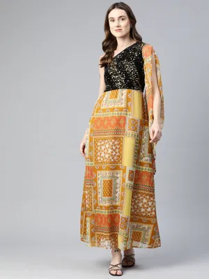 Cottinfab Ethnic Motifs One Shoulder Slit Sleeve Georgette Maxi Dress