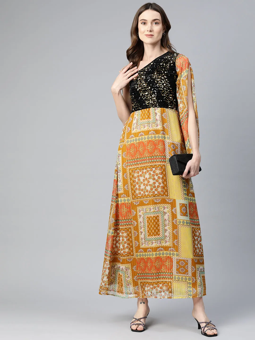 Cottinfab Ethnic Motifs One Shoulder Slit Sleeve Georgette Maxi Dress