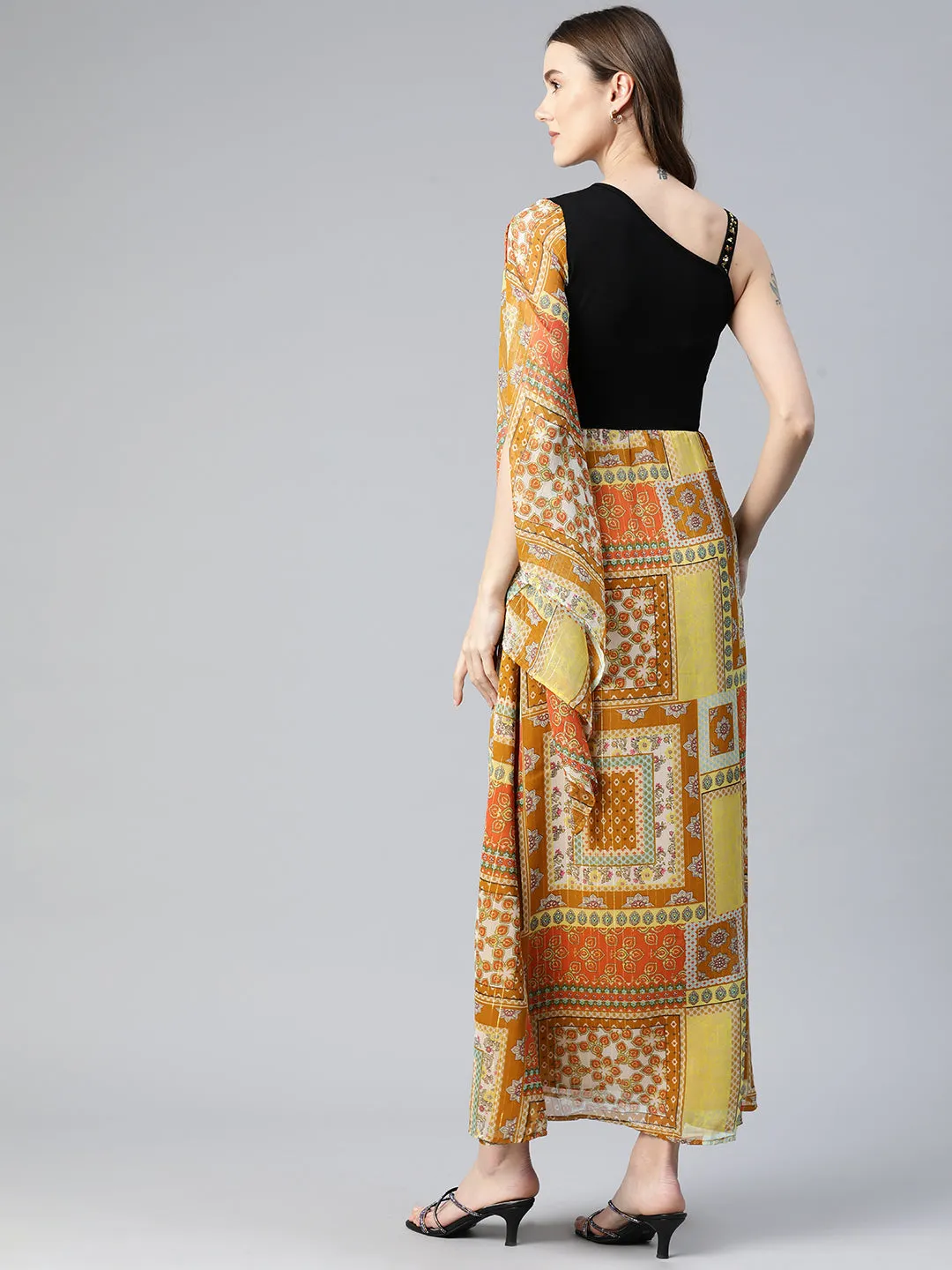 Cottinfab Ethnic Motifs One Shoulder Slit Sleeve Georgette Maxi Dress