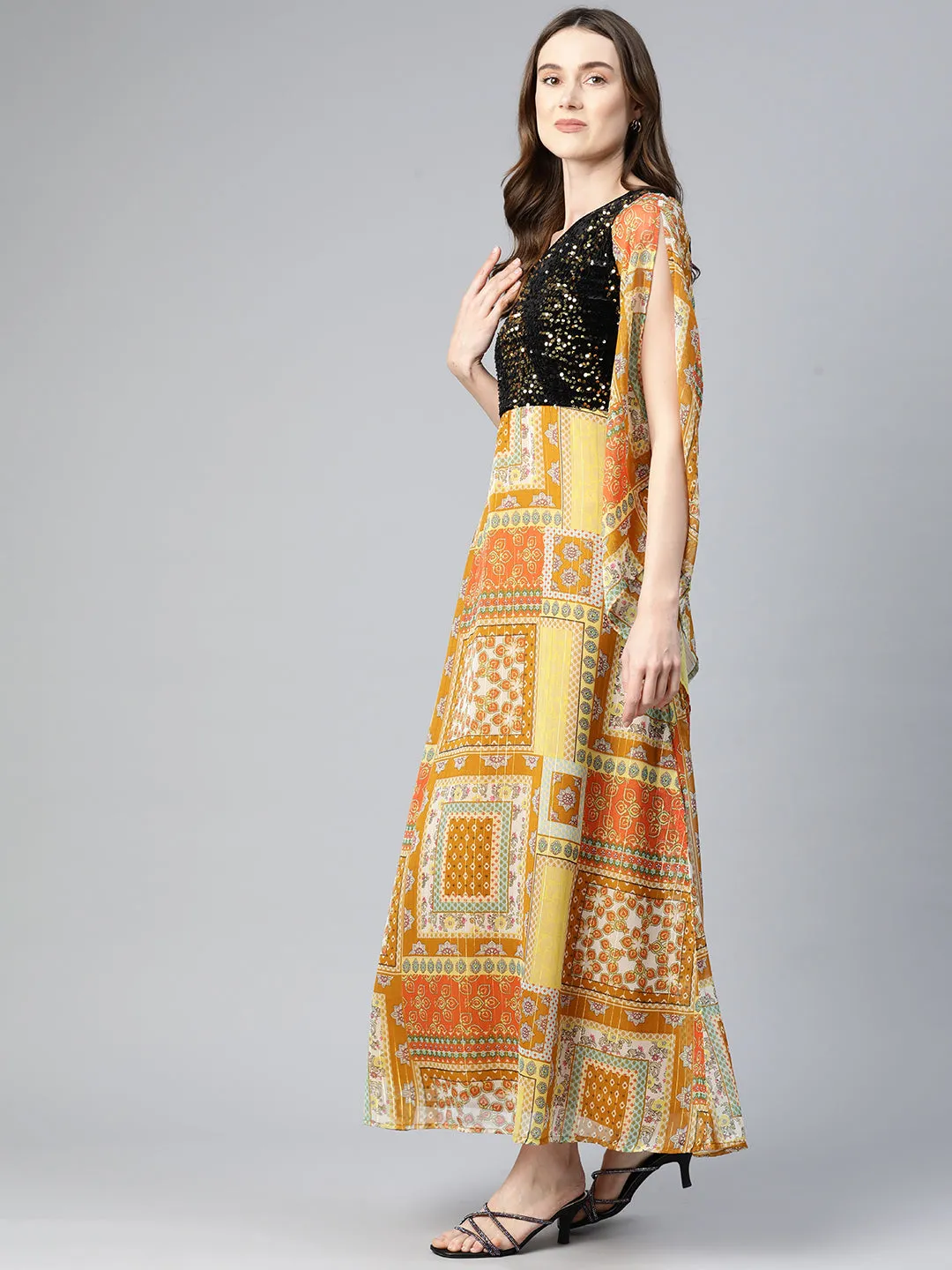 Cottinfab Ethnic Motifs One Shoulder Slit Sleeve Georgette Maxi Dress