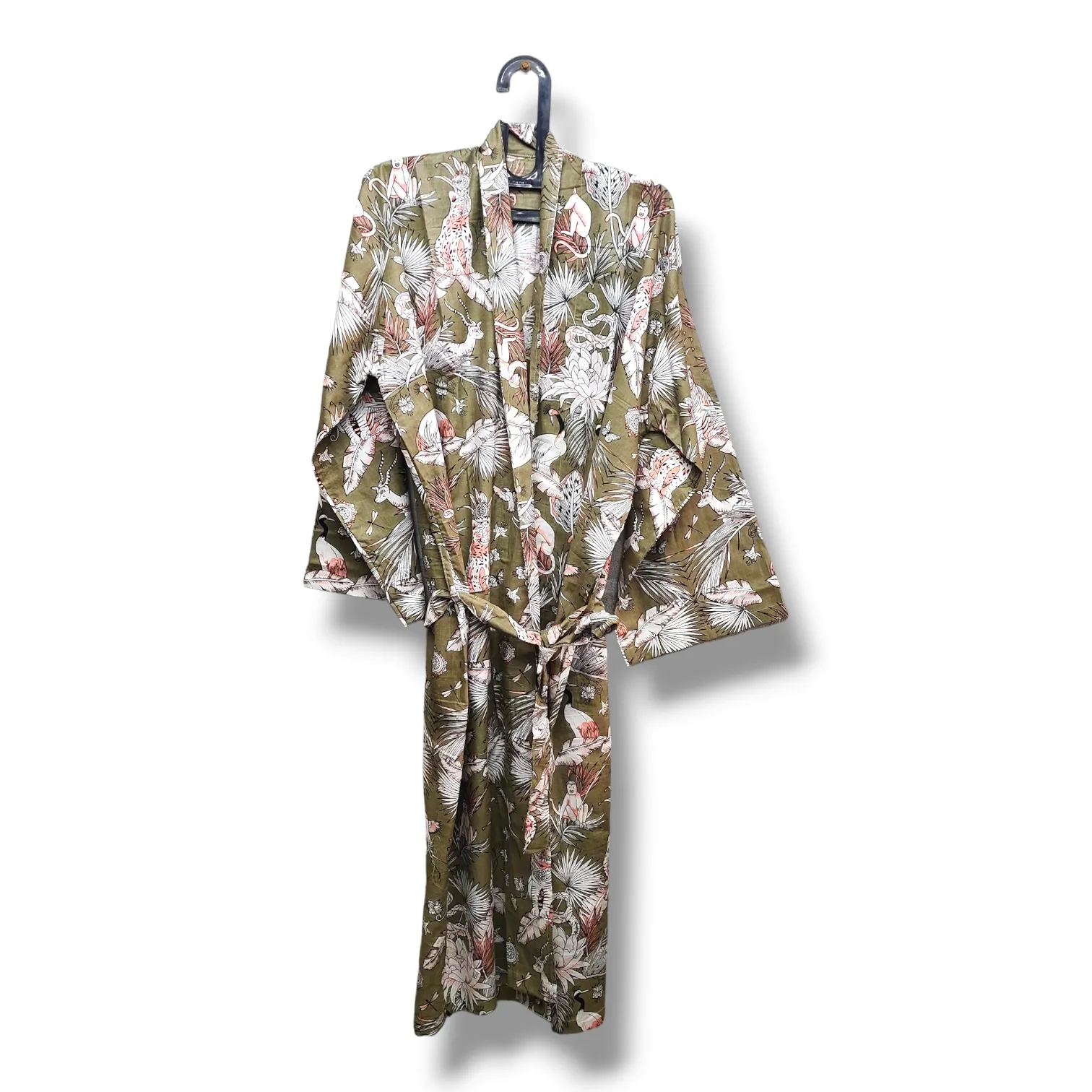 Cotton Hand Printed Kimono Robe Green King