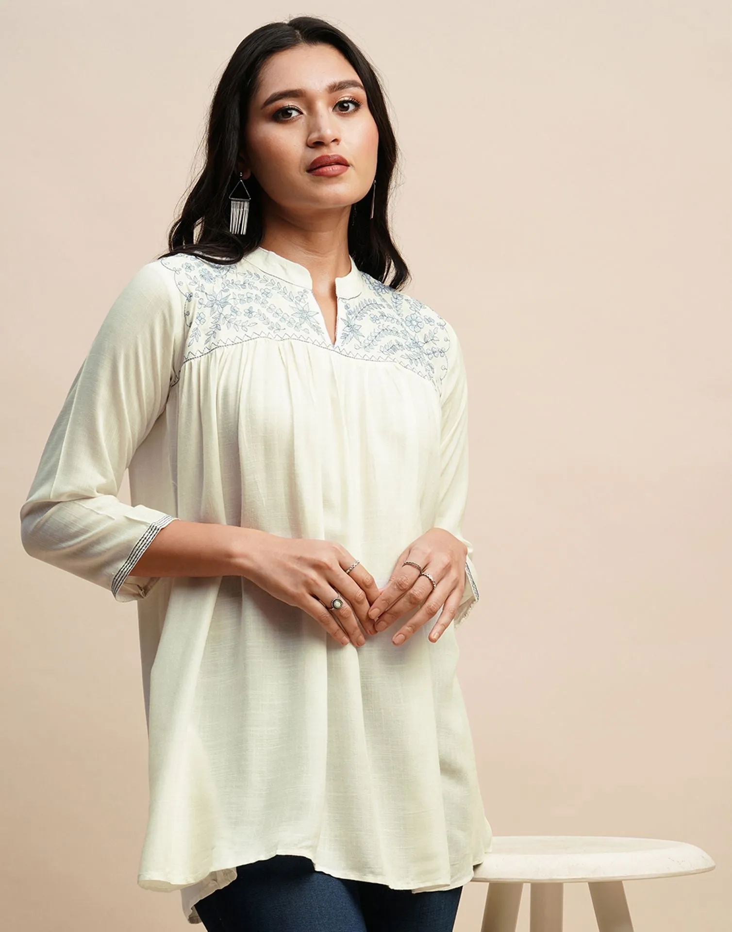 Cream Embroidery Tunic Top