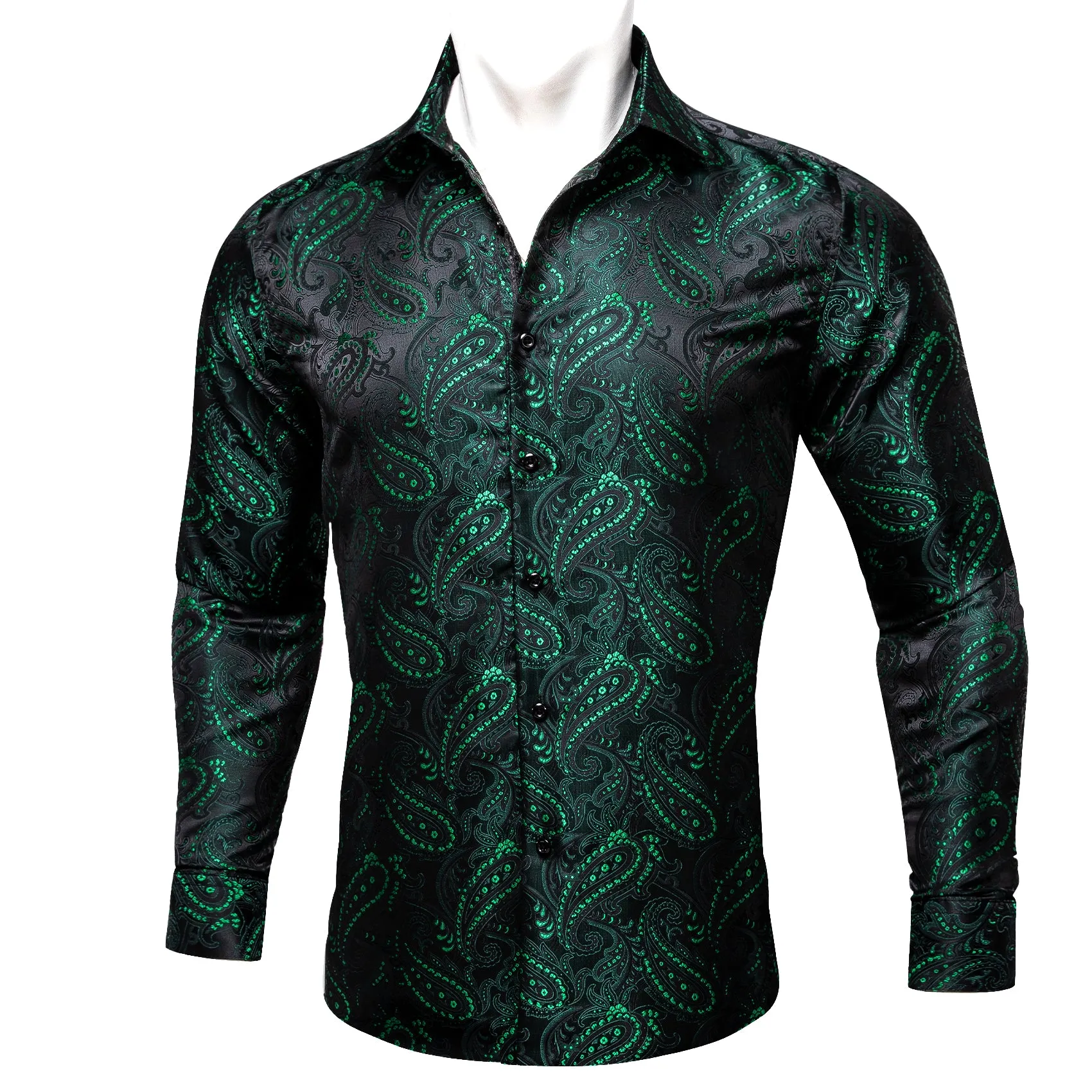 DarkGreen Paisley Flower Pattern Silk Men's Long Sleeve Shirt