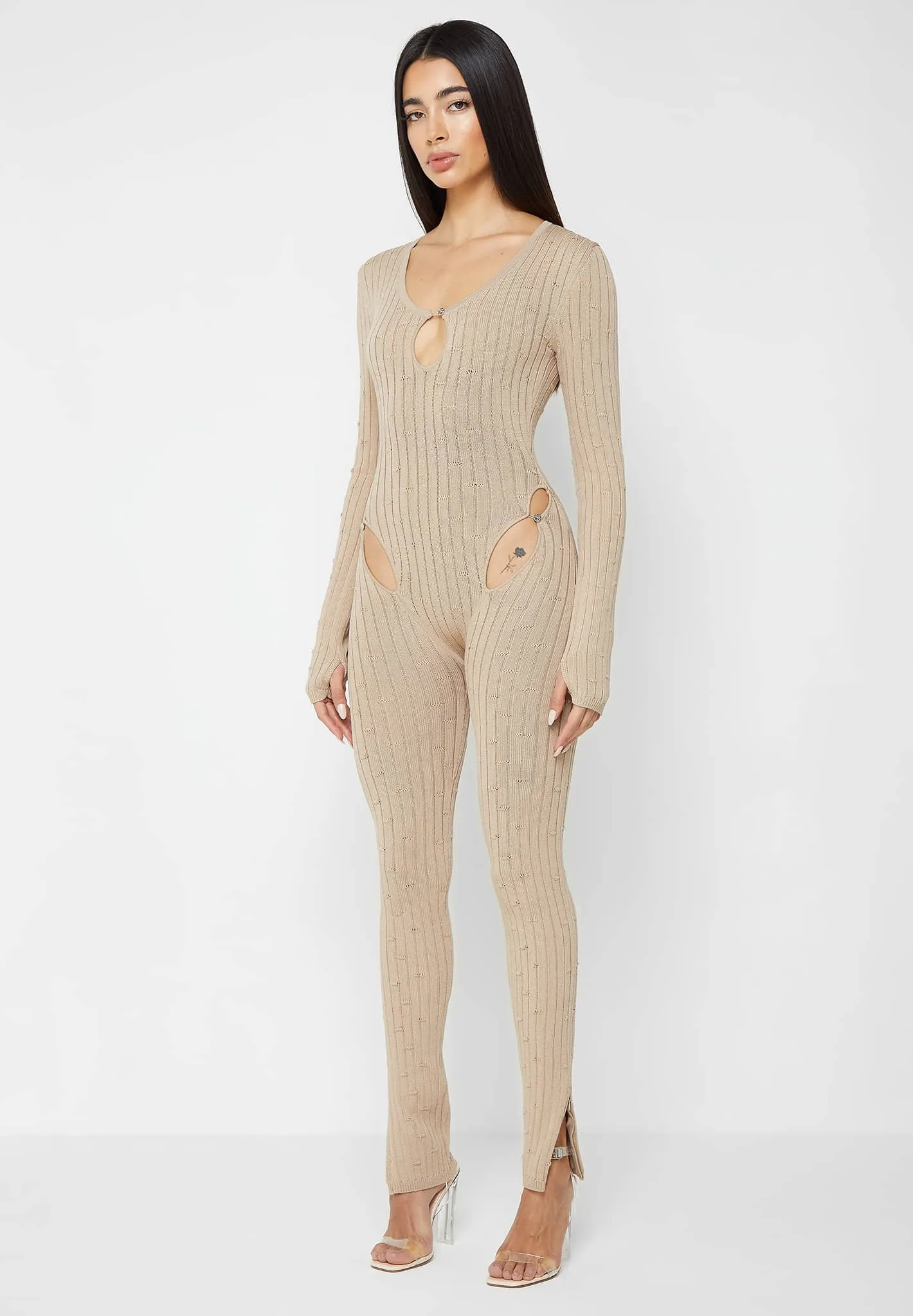 Distressed Knitted Cut Out Jumpsuit - Taupe