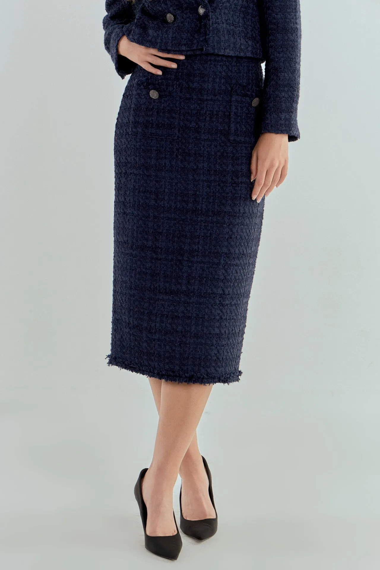 Endless Rose - Boucle Tweed Trimmed Midi Skirt