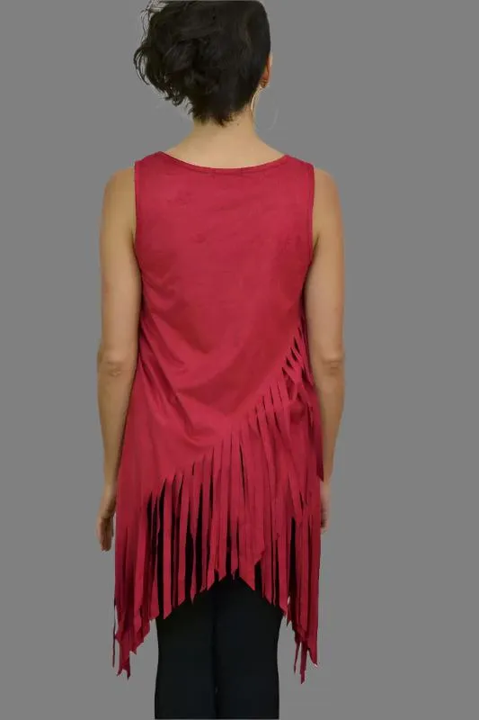 Faux Suede Hippie Fringe Top - Red