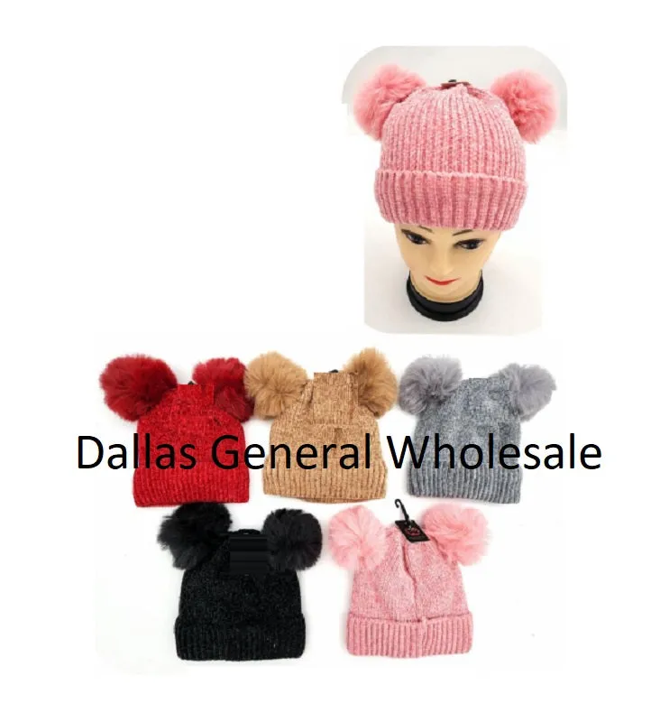 Girls Trendy Double Pom Pom Beanie Hats Wholesale