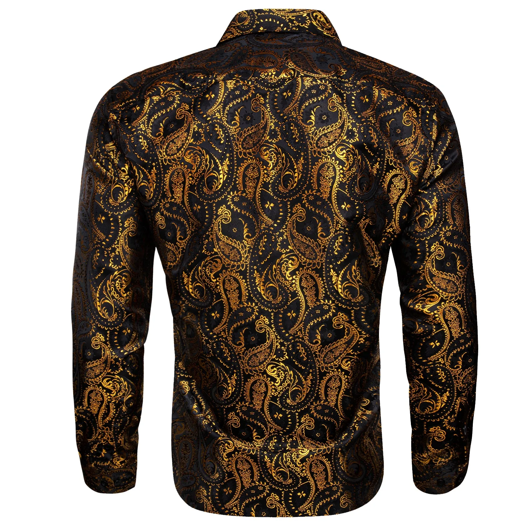 Gold Black Paisley Silk Men's Long Sleeve Shirt