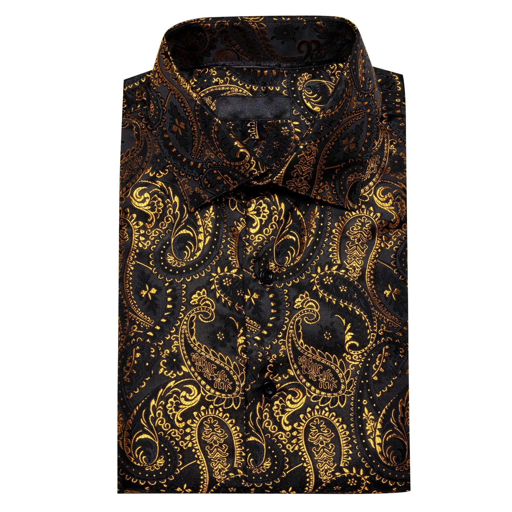 Gold Black Paisley Silk Men's Long Sleeve Shirt