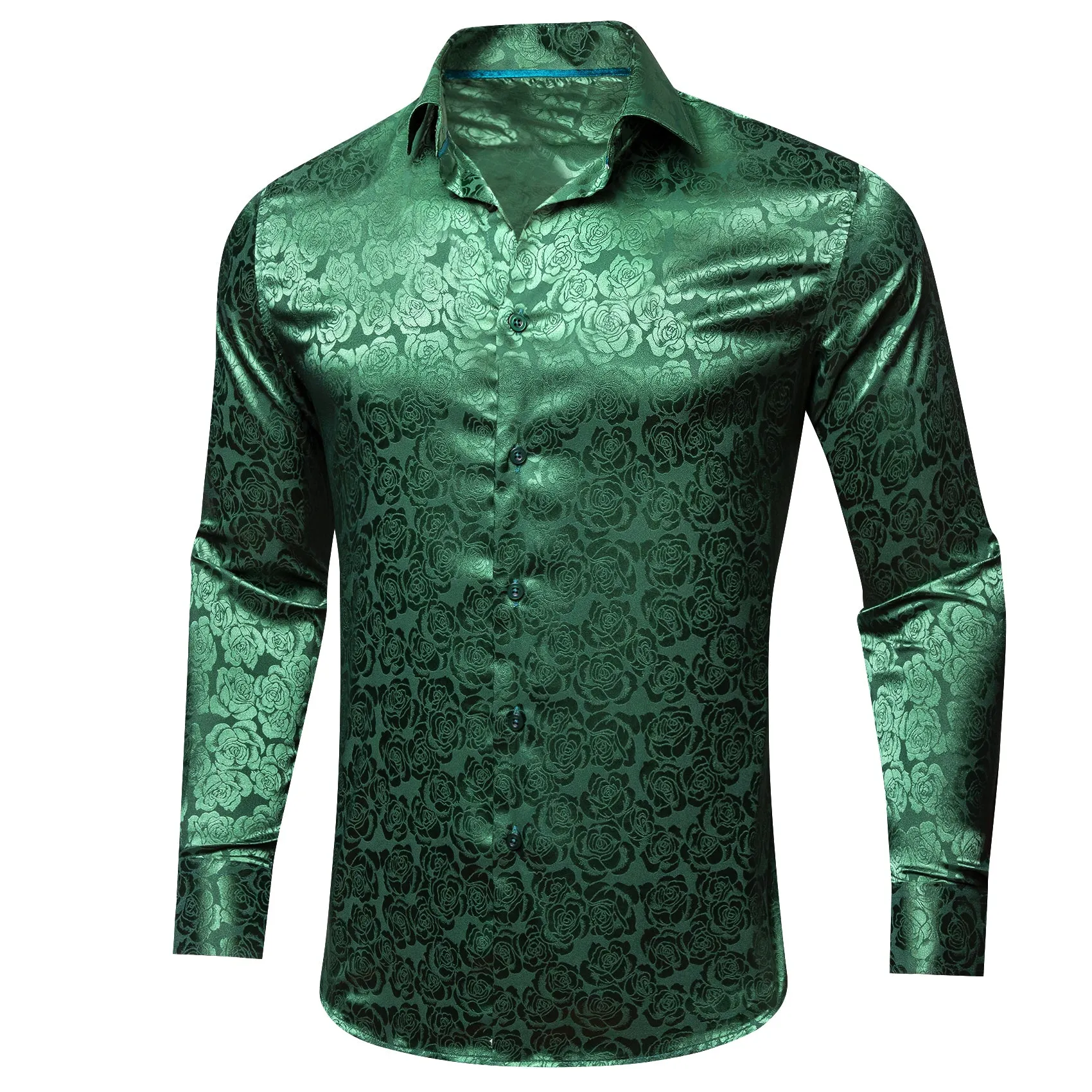 Grass Green Floral Rose Silk Men's Long Sleeve Shirt