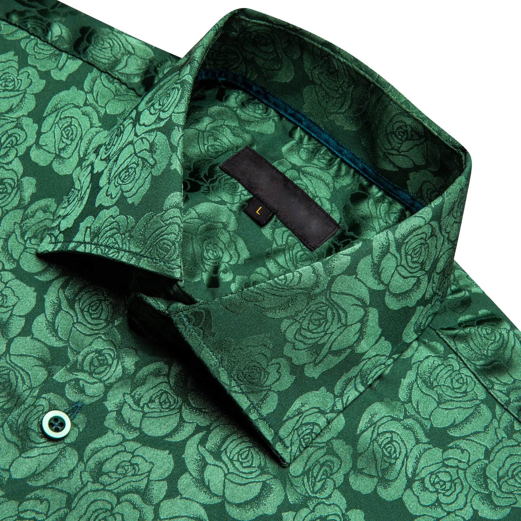 Grass Green Floral Rose Silk Men's Long Sleeve Shirt