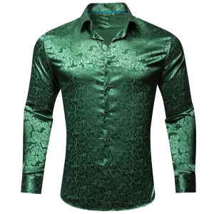 Grass Green Floral Rose Silk Men's Long Sleeve Shirt