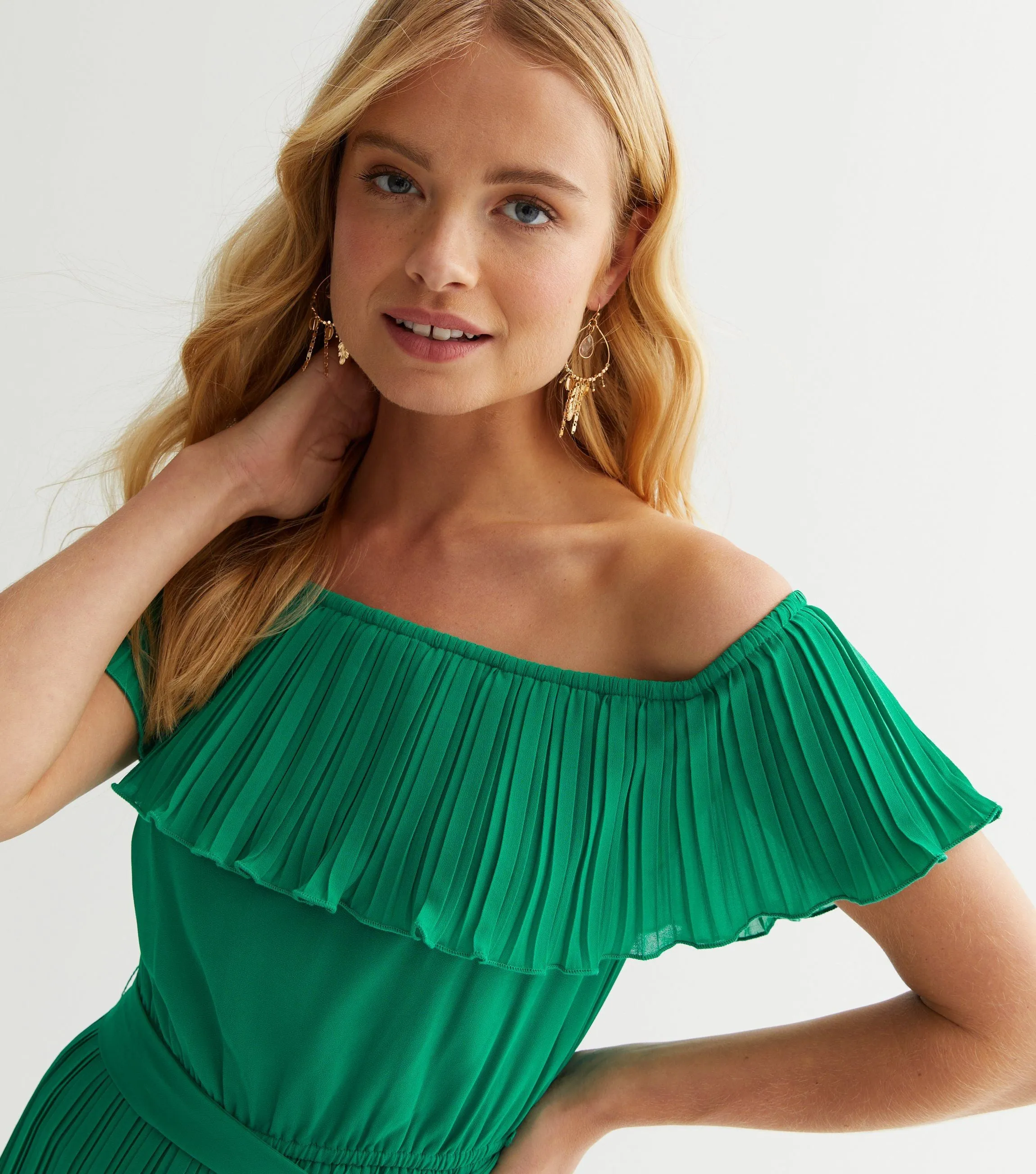 Green Pleated Bardot Ruffle Culotte Jumpsuit