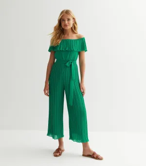 Green Pleated Bardot Ruffle Culotte Jumpsuit