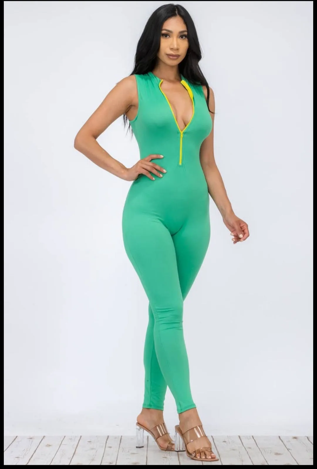 Green Plus size sleeveless mock neckline Jumpsuit