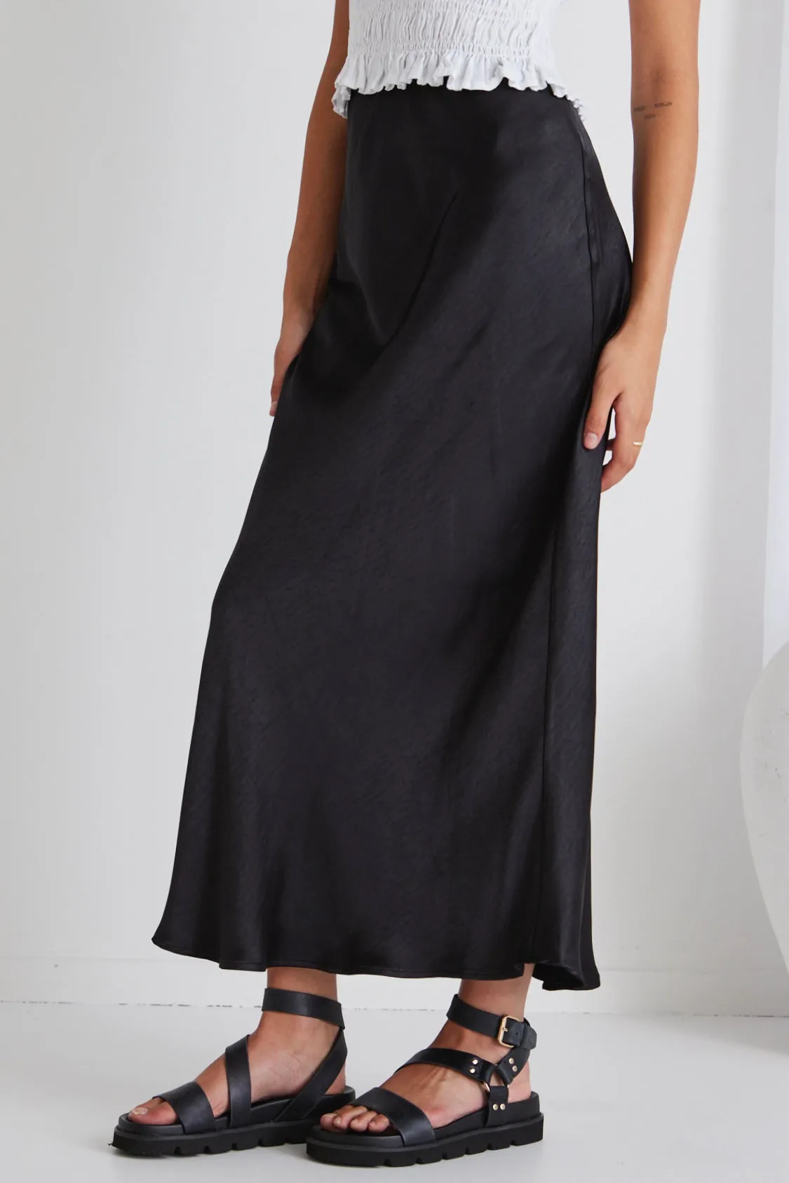 Ivy Black Satin Bias Midi Skirt