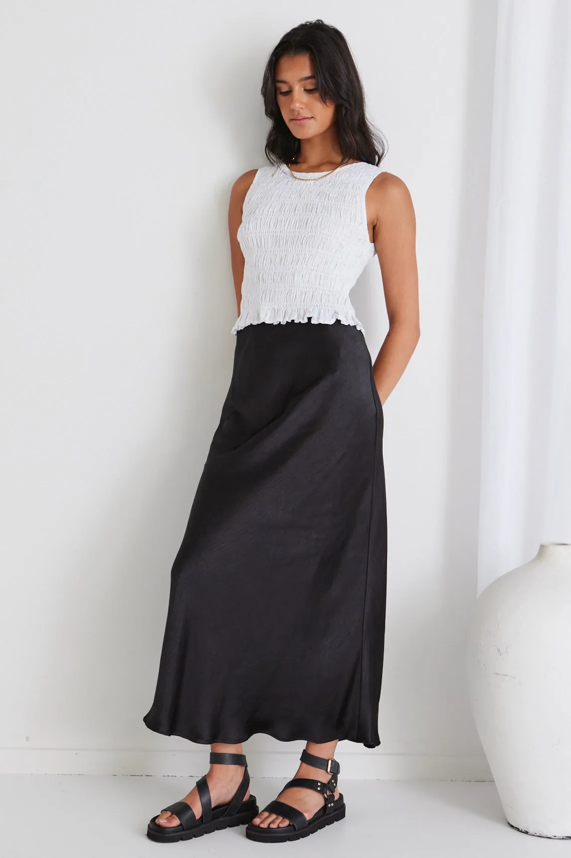 Ivy Black Satin Bias Midi Skirt