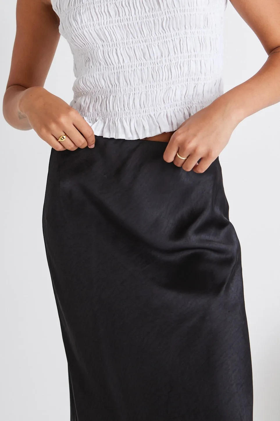 Ivy Black Satin Bias Midi Skirt