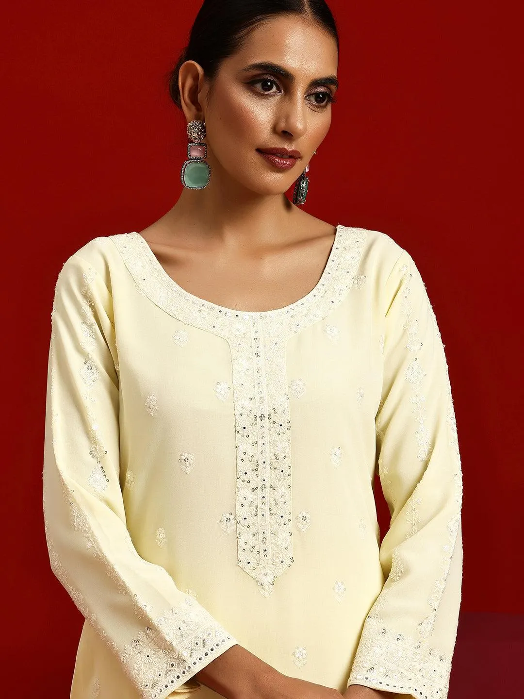 Jashvi Art Yellow Embroidered Georgette Straight Suit With Dupatta