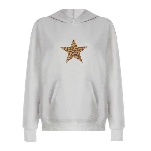 Leopard Print Star Y2k Graphic Hoodies Baggy Pullovers Women Clothing 2024 Fall Winter Hooded Sweatshirts P67-DZ45