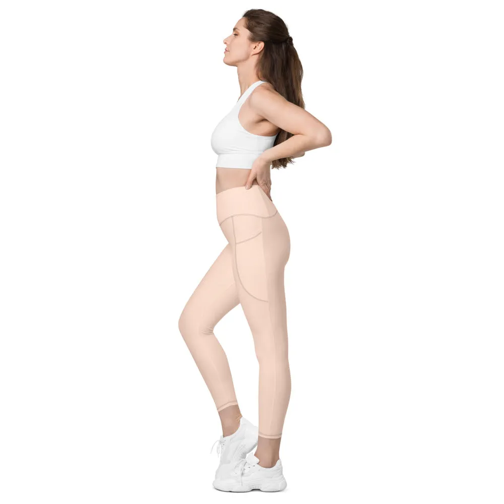 Light Nude Women's Tights, Solid Color Best Yoga Pants With 2 Side Deep Long Pockets - Made in USA/EU/MX (US Size: 2XS-6XL)