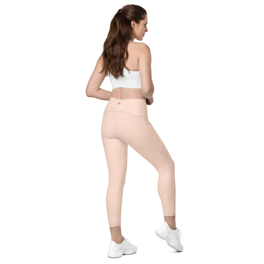 Light Nude Women's Tights, Solid Color Best Yoga Pants With 2 Side Deep Long Pockets - Made in USA/EU/MX (US Size: 2XS-6XL)