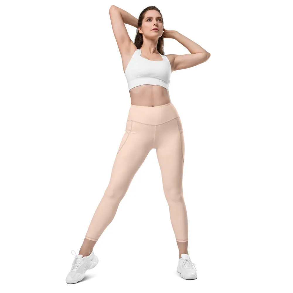 Light Nude Women's Tights, Solid Color Best Yoga Pants With 2 Side Deep Long Pockets - Made in USA/EU/MX (US Size: 2XS-6XL)