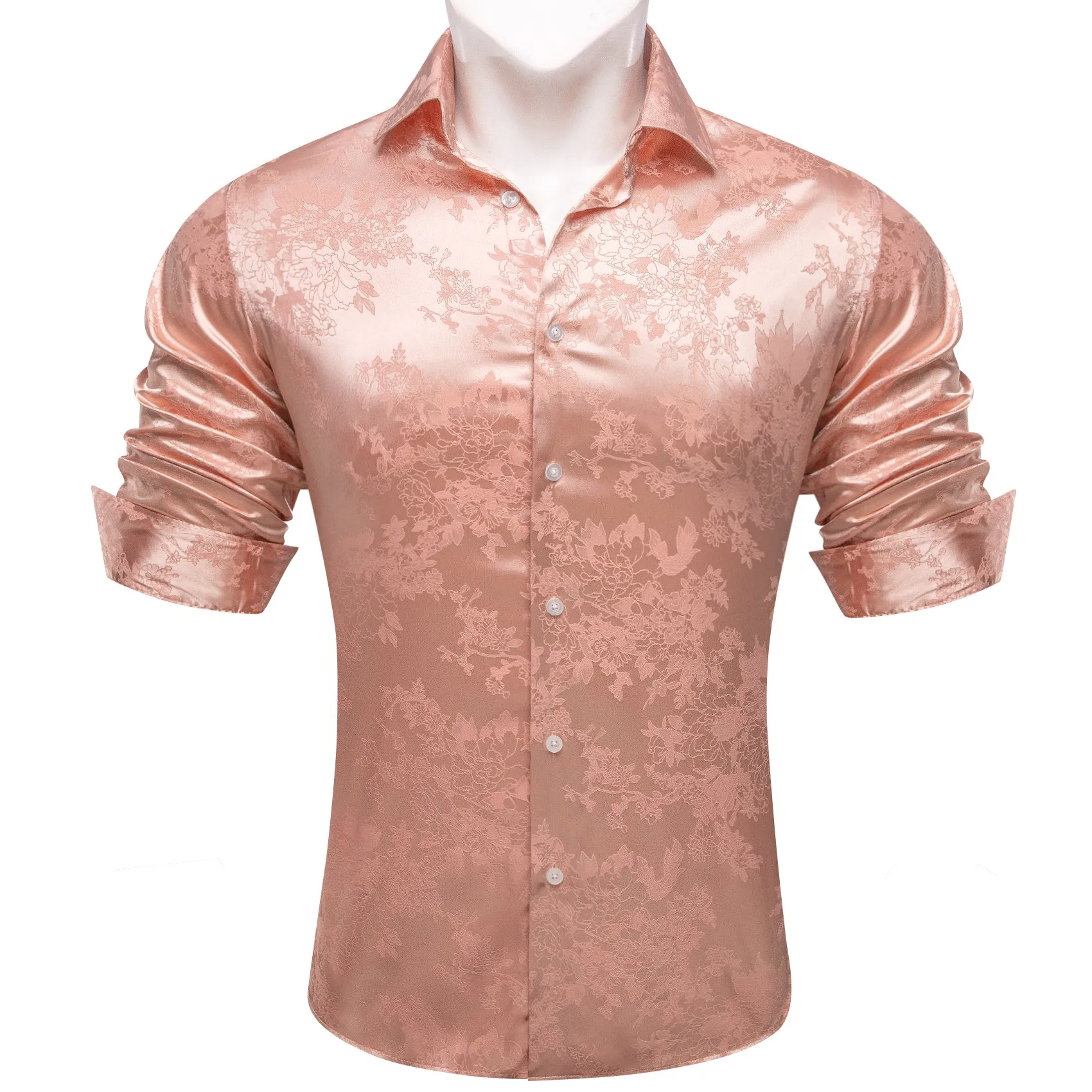 Light Pink Floral Silk Men's Long Sleeve Shirt