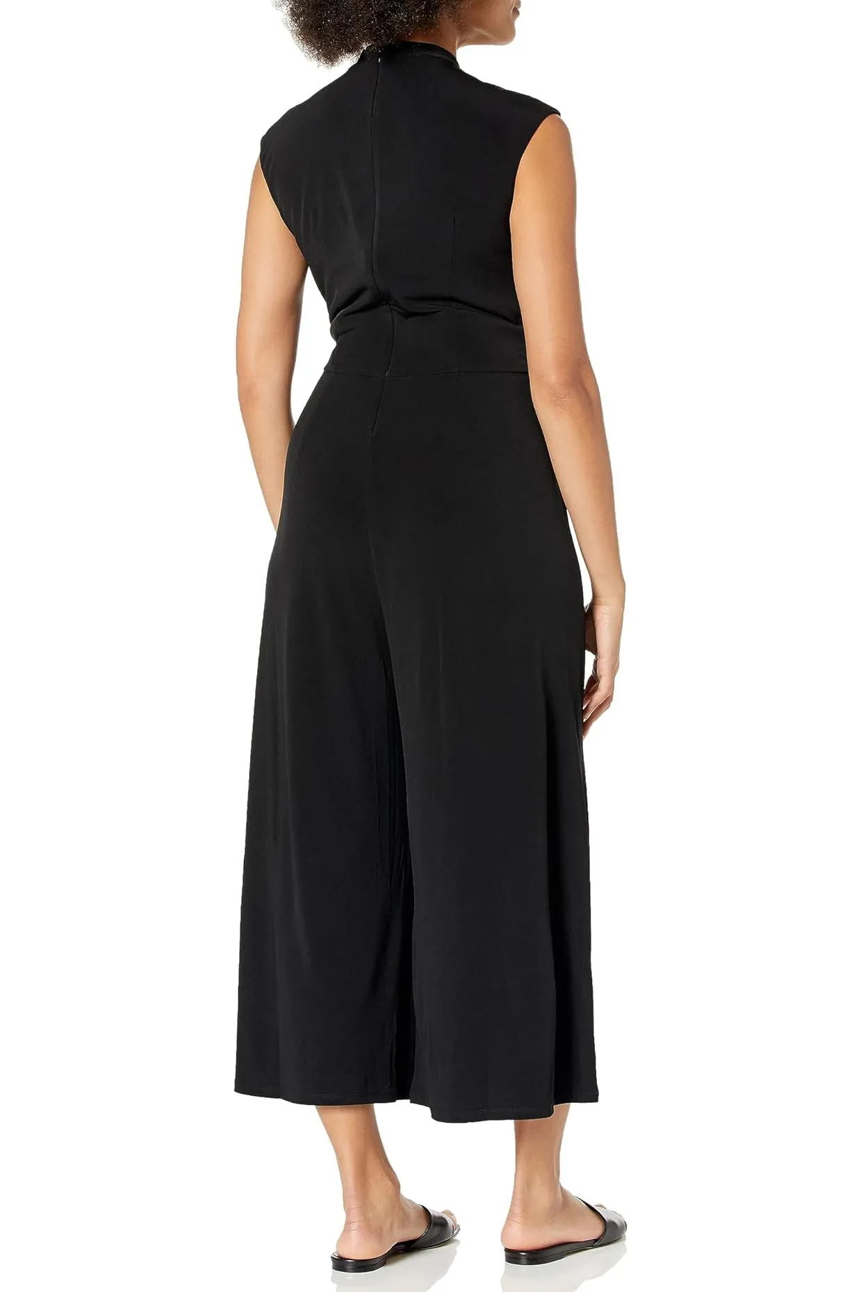 London Times mock neck keyhole front sleeveless tie waist wide leg solid matte jersey jumpsuit